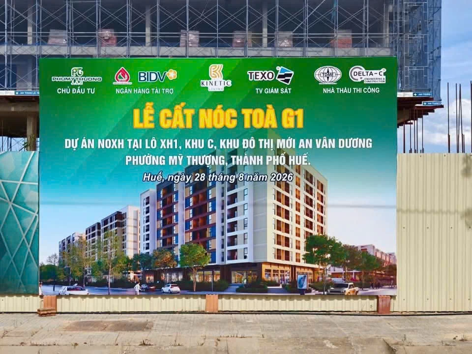 Dự án NOXH tại khu đất ký hiệu XH1, khu C, Đô thị mới An Vân Dương, Phường Mỹ Thượng, TP Huế cất nóc Tòa G1 – Dấu mốc mới trên hành trình “sống hiện đại, an cư đẳng cấp, xanh bền vững”
